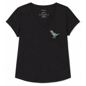 Torrid Black V-Neck T-Shirt Sequin Dinosaur T-Rex Size 0X Classic Fit Geek Chic